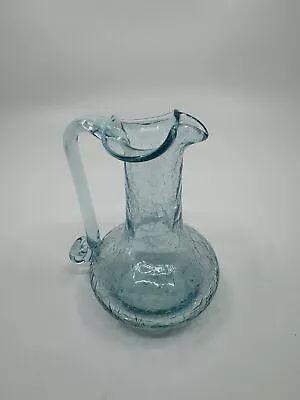 Buy Vintage MCM Art Studio Small Blue Crackle Glass Ruffled Vase/Pitcher/Creamer • 18£