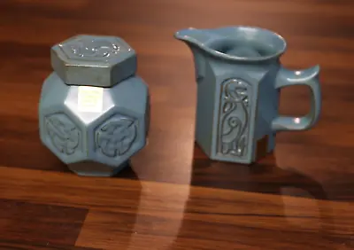 Buy Tyn Llan Pottery Jug And Hexagon Pot With Lid Blue Celtic Knot Bird Wales Welsh • 27.99£