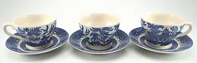 Buy Set Of 3 Vintage Blue Willow Churchill China Tea Cups & Saucers England Embossed • 27.45£