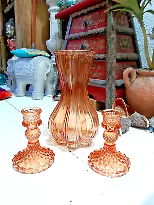 Buy Set Of  Three  Amber Coloured Glass Candle Holders With Matching Vase • 17.99£