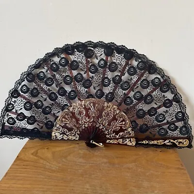 Buy Vintage Spanish Black Lace & Faux Tortoiseshell  Foldable Hand Fan Gold Decor • 12.50£