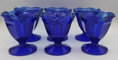 Buy 6 Cobalt Blue Anchor Hocking Fountainware Low Sherbert Glass Cup Panels Sundae • 41.73£