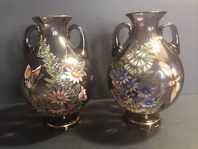 Buy Pair Of Antique Moser Glass Vase/Bohemian/Enamel Flowers/Butterfly/Czech C.1920 • 642.50£