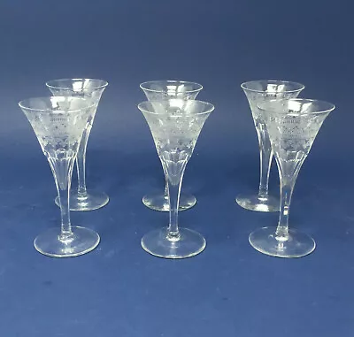 Buy Antique French Crystal Needle Etched Trumpet Sherry Wine Glasses - Set Of Six • 193.03£