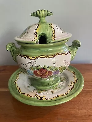 Buy Vintage Taormina Sicily Hand Painted Pottery Soup Tureen Green Trim W/Flowers • 28.30£
