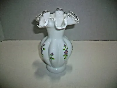 Buy Fenton White Ruffled Top Vase Purple Flowers 6  Tall D Anderson • 28.42£