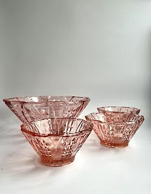 Buy Set Of Four Vintage Pink Glass Bowls - 30s Pink Depression Glass • 16£