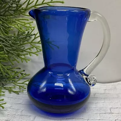 Buy Vintage Cobalt Blue Glass Jug Bud Vase Hand Blown Applied Clear Handle~ 4 1/2 In • 14.31£