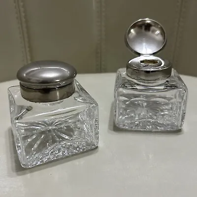 Buy Vintage Royal Brierley Cut Crystal Glass Silver Plated Inkwells With Hinged Lids • 39.99£
