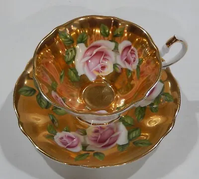Buy Rare Queen Anne PINK ROSE FLORAL CUP & SAUCER Completely Gold Gilded Background • 355.21£
