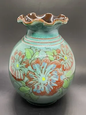 Buy Ruffled Edge Green Vase Guernsey Pottery Small Hand Painted Floral Design 11cm • 8£