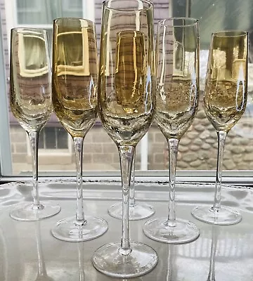 Buy Mid Mod Crackle Champagne Flute Pier 1 Amber Golden Luster  Barware Set-6 • 96.29£