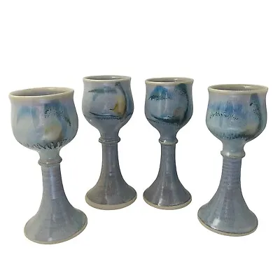 Buy Vintage Robert Tetu Goblet X4 Goblets Set Art Pottery Ceramic Studio Canada Blue • 89.99£