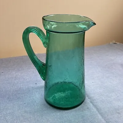 Buy Vintage Aqua Green Crackle Glass Pitcher Applied Ribbed Handle 8” Tall • 13.34£