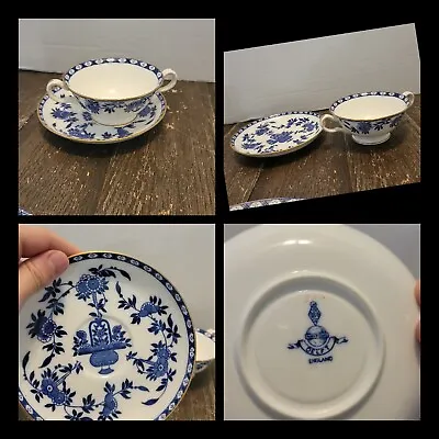 Buy Minton Blue Delft Cup And Saucer Set Antique China Gold Floral • 21.85£