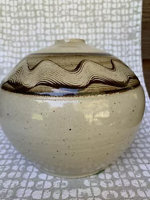 Buy Studio Pottery Vase Brown Beige Speckled Ribbon Trim Signed “Clay Fair “? • 19.21£