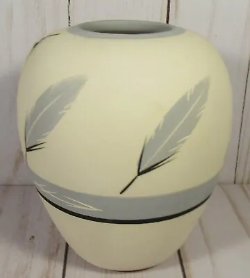 Buy Pottery Vase With Grey Feather Design 4.5  X 5  Ivory & White Grey Bands. • 12.27£