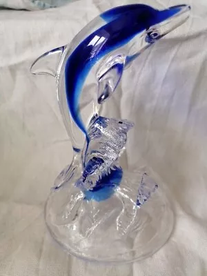 Buy 💞Beautiful Leaping Glass Dolphin In Waves Clear /blue Ornament 7 Inches High  • 2.99£