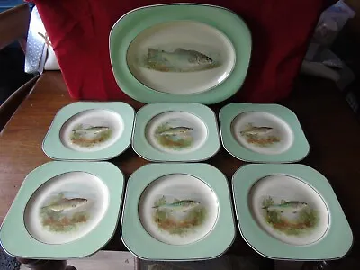 Buy Antique Woods Ivory Ware  Fish Buffet Platter  And 6 Plates Green /White • 25£