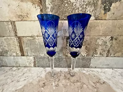 Buy Bohemian Crystal Cobalt Blue Cut To Clear Champagne Flutes..2 • 37.94£