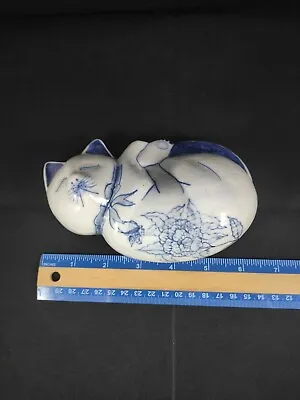Buy Defect White Blue Floral Sleeping Cat Figurine • 7.59£