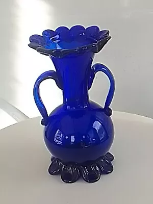 Buy Vintage Glass Vase Cobalt Blue Double Handles Fluted 10  • 3£