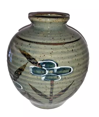 Buy Pottery Bulb-Shaped Vase Bluish Gray Brown Floral Design • 14.17£