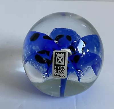 Buy Mdina Glass Paperweight Blue Black Flower Malta Glass Office Desk Tidy • 12.99£