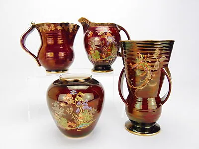 Buy Vintage Crown Devon Vase / Jug Lot X4 Rouge Royale Mikado Design Red Lustre • 54.99£