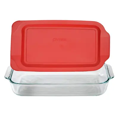 Buy Oblong Baking Dish Pyrex Basic 3 Quart Glass With Red Plastic Lid 9 X 13 Inches • 25.91£