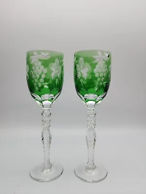 Buy Ajka Crystal Magdas Pride Cut To Clear Emerald Liquer Cordial Wine Glasses Pair • 70.87£