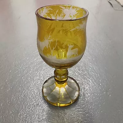 Buy 19th C. Bohemian Amber  Cut To Clear Crystal Water Goblet Stag & Doe *Read More • 38.37£