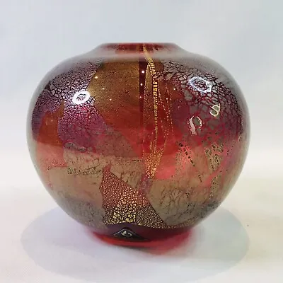 Buy Vintage Red Iridescent Isle Of Wight Azurine Spherical Glass Vase With Label VGC • 25£