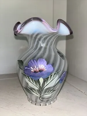 Buy Fenton French Opalescent Spiral Optic Hand Painted Vase W/ Violet Crest • 49.90£