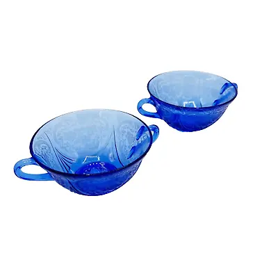 Buy Hazel Atlas Depression Glass Royal Lace Blue 2 Cream Soup Bowls Double Handle • 28.50£
