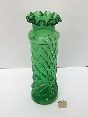 Buy Marked Antique Art Nouveau Green Glass Spiral Vase Wavy Rim, Late 19th C, 1900s • 24£