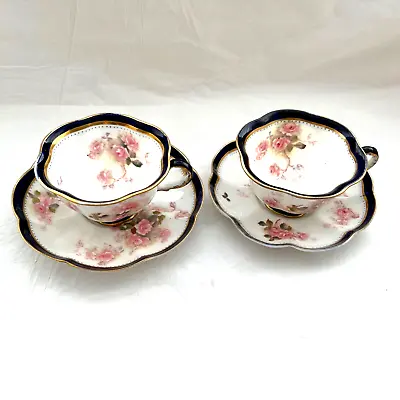 Buy Crescent Set Blue Pink Tea Tea Cup & Saucers Art Nouveau George Jones Pink Roses • 57.03£