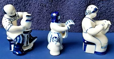 Buy 3 Vintage USSR Hand Painted Gzhel Figurines; Potter, Decorator, Mother & Child • 21.84£