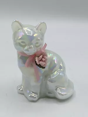 Buy Fenton White Opal Iridescent Cat Figurine With Porcelain Flower And Ribbon Bow • 13.93£