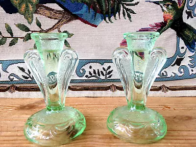Buy PAIR OF VINTAGE ART DECO PERIOD GREEN PRESSED GLASS CANDLESTICKS (5.25 Inches) • 7.99£