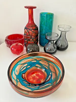 Buy Vintage Mdina  Art Glass Bowl Orange & Blue  Trails  Signed • 69£