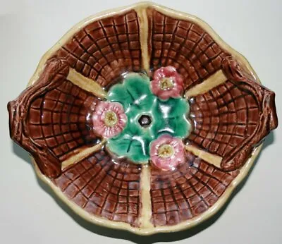 Buy Pretty/Old Majolica Basketweave & Floral Bowl, Clean & Vivid, Circa 1880s • 76.46£