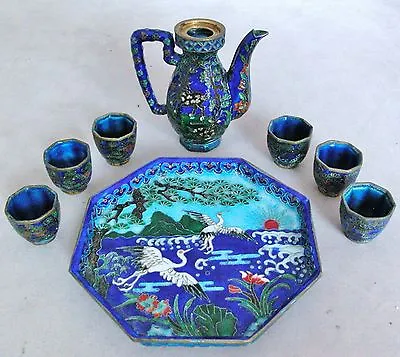 Buy Miniature Chinese Enameled Cloisonne Tea Set With Tancho Cranes & Spotted Deer • 141.53£