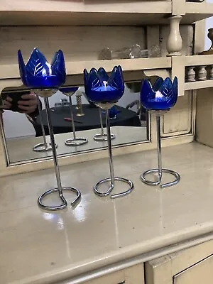 Buy Set 3 Glass Tea Light Candle Holders Cobalt Blue Chrome Graduated Tulip Flowers • 8.80£