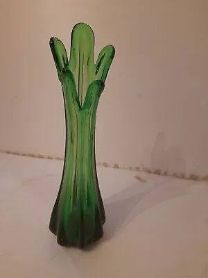 Buy Vintage Green Glass Fluted Swung Trunk Vase Pulled Ribbed Design 13.5 Inch Tall • 10£