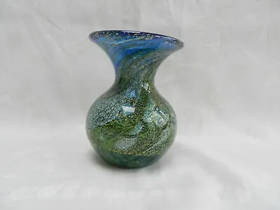 Buy Isle Of Wight? Glass Blue Green And Gold Swirl Design Vase • 29.99£