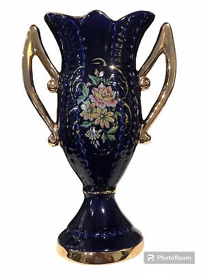 Buy Vintage Italian Venetian Golden Blue Hand Painted Vase Floral Motif • 24.13£