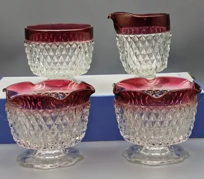 Buy Vintage Indiana Glass Diamond Point Ruby Flash Creamer Sugar Bowl Candle Holders • 14.23£