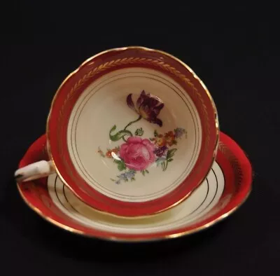Buy Aynsley Footed Cup & Saucer Garnet Red Maroon Floral Gold Trim Doris 1934-1939 • 48.35£