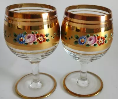 Buy 2 X VINTAGE BOHEMIAN 9cm SHERRY GLASSES WITH PAINTED FLOWERS AND GILDING (67) • 16.50£
